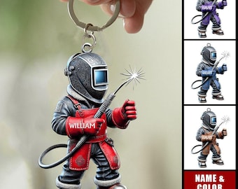 Custom Welder Acrylic Keychain, Personalized Welding Name Keyring, Tradesman Gift For Him, Blue Collar Bag Charm, Fathers Day Dad Gift