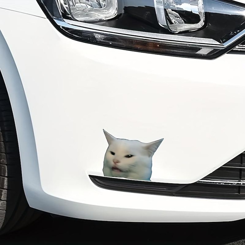 Op de afbeelding: Een witte auto met een sticker van een witte kat met een verwarde uitdrukking. De kop van de kat steekt uit de bumper van de auto. De auto heeft een zwarte grille en koplampen.