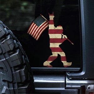 USA Flag Sasquatch Rock On Sticker, Patriotic Bigfoot Car Decal, Plaid Glitter Matte Bumper Laptop Window, America 250th Vinyl