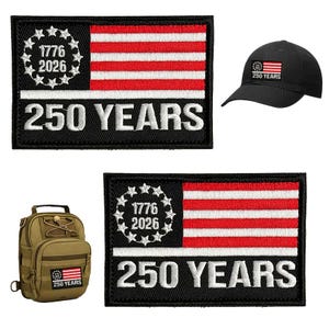 May include: The image showcases a black patch, a black baseball cap, and a tan backpack, all featuring a patriotic design. The design includes a stylized American flag with red and white stripes, a circle of stars, and the text "1776 2026" and "250 YEARS".