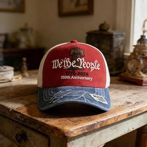 May include: A red, white, and blue baseball cap with the text "We the People" and "1776-2026 250th Anniversary." The cap has a denim blue brim and a white mesh back.