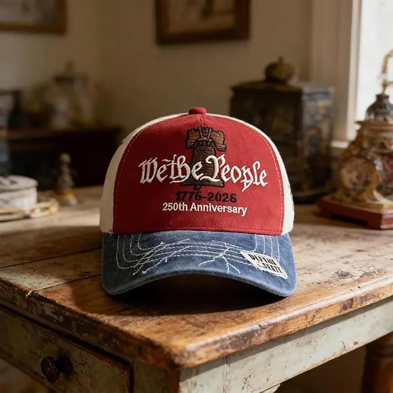 May include: A red, white, and blue baseball cap with the text "We the People" and "1776-2026 250th Anniversary." The cap has a denim blue brim and a white mesh back.