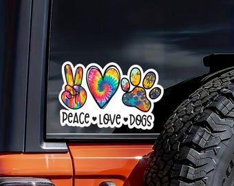 Vredeshond sticker, kleurrijke waterdichte vinyl sticker, schattige notitieboek-, waterfles- of autosticker, hippie cadeau voor hondenliefhebber, retro huisdiersticker