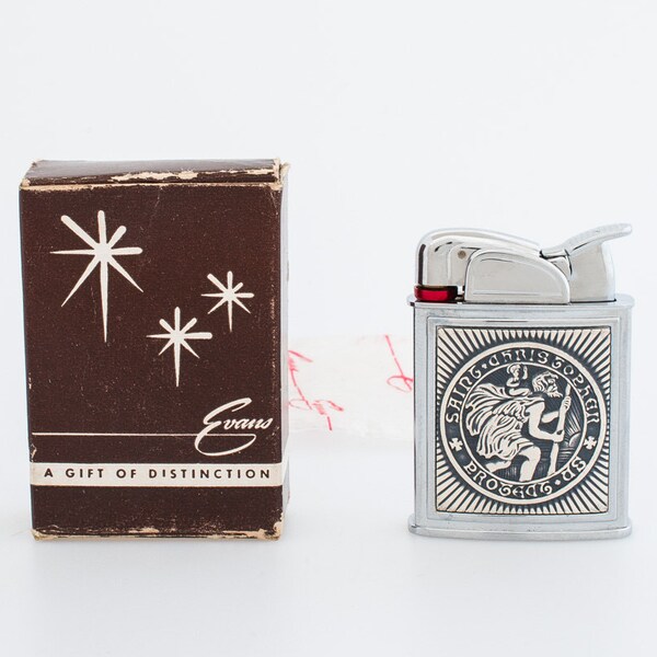 Working 1950s Evans Automatic Pocket Lighter With Saint Christopher Appliqué MIB