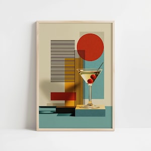 Può includere: Una stampa artistica incorniciata con un martini con ciliegie sullo sfondo di forme geometriche. L'opera d'arte include un cerchio rosso, linee nere e blocchi rettangolari in giallo, rosso e blu. Il bicchiere da martini poggia su una piccola piattaforma quadrata.