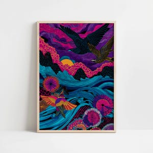 Trippy Bird Wall Art – Bold Colorful Abstract Nature Print for Living Room