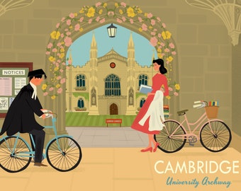Puede incluir: Una ilustración de estilo vintage de un arco de universidad en Cambridge, Inglaterra. Una persona con una toga de graduación monta una bicicleta azul, mientras que otra persona con un vestido rojo sostiene un libro y se para junto a una bicicleta rosa. El texto "CAMBRIDGE University Archway" está en la parte inferior de la imagen.