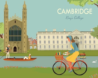 Puede incluir: Una mujer monta en bicicleta por la orilla de un río en Cambridge, Inglaterra, con el King's College al fondo. El edificio del colegio es blanco con muchas ventanas. Hay una pareja remando en un bote en el río.