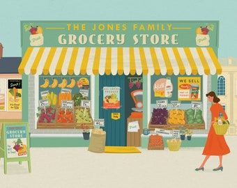 Grocers shop Art Print Illustration Personalised A3