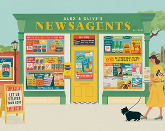 Personalised News Shop Illustration Fine Art Print A3 art print