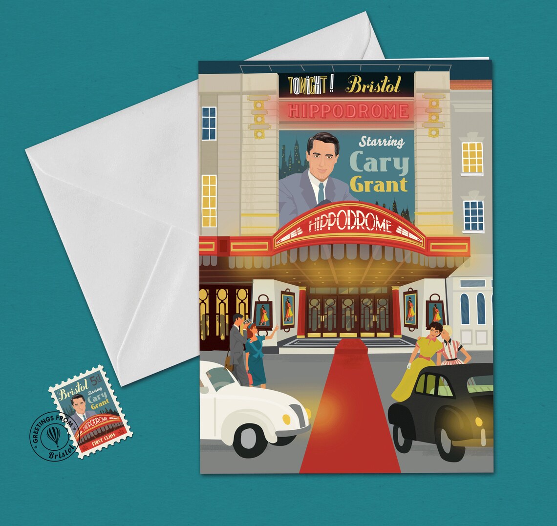 Bristol Greetings Card Bristol Hippodrome With Cary Grant Illustration