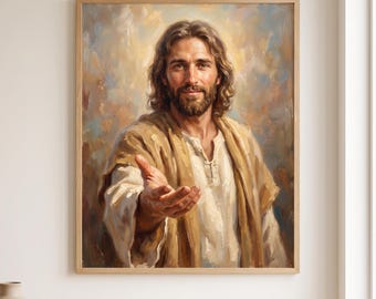Pode incluir: Uma pintura a óleo emoldurada retratando uma pessoa com cabelos castanhos pelos ombros e barba, vestindo uma túnica branca e um xale bege. A figura é mostrada do peito para cima, estendendo uma mão para a frente contra um fundo suave.