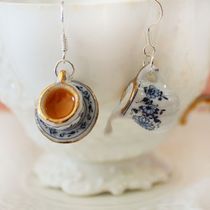 Tea Party Earrings-milk Tea Earrings-Milk Jug and Tea Earrings-Tea Party Jewelry-Miniature Food Earrings-Kawaii Jewelry-Blue Tea Set Jewelry