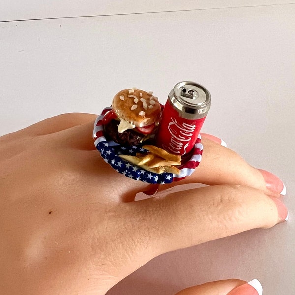 Hamburger Ring - Fourth of July Ring-Fourth of July Jewelry - Junk Food Jewelry - Hamburger and fries Jewelry - Miniature Food Jewelry