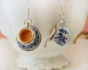 Tea Party Earrings-milk Tea Earrings-Milk Jug and Tea Earrings-Tea Party Jewelry-Miniature Food Earrings-Kawaii Jewelry-Blue Tea Set Jewelry