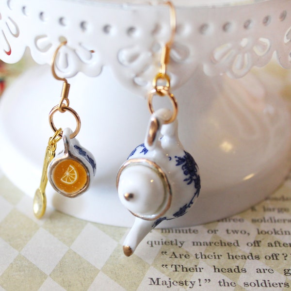 Tea Party Earrings- Tea Set Earrings- Teapot Earrings - Tea Party Jewelry - Miniature Food Earrings - Kawaii Jewelry - Blue Tea Set Jewelry