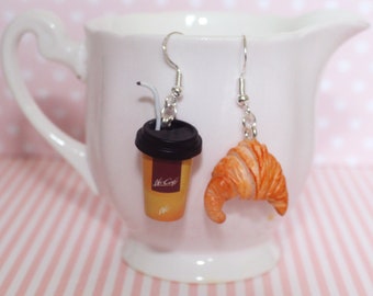 Coffee and croissant Earrings- Breakfast Jewelry- Breakfast Earrings -Drink Earrings-Miniature Food Jewelry-Coffee Earrings-Gift for Her