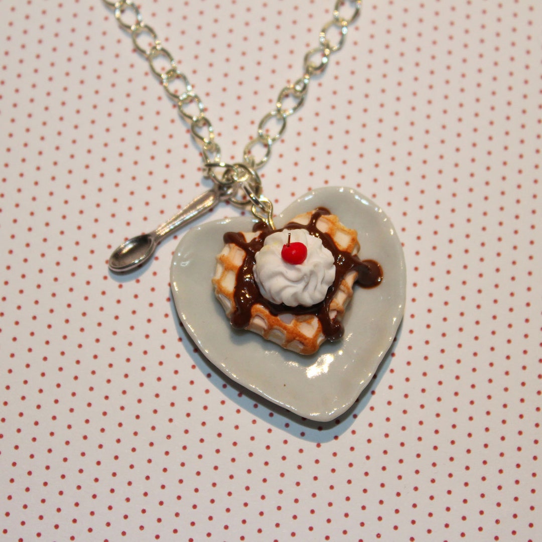 Waffle and Chocolate Sauce Necklace Heart Necklace Valentine Necklace