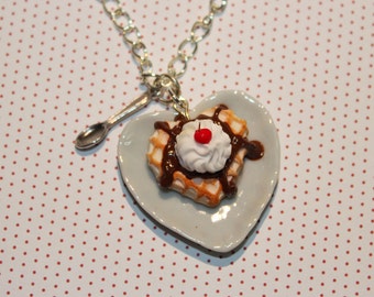 Waffle and Chocolate Sauce Necklace - Heart Necklace - Valentine Necklace - Miniature Food Necklace - kawaii Necklace