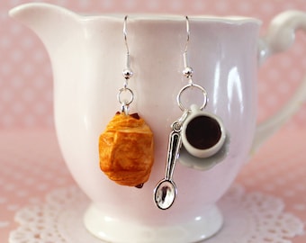 Chocolate Croissant Earrings - Coffee & croissant Earrings - French Breakfast Jewelry - Breakfast Earrings - Food Jewelry - Coffee Earrings