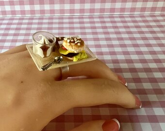 Hamburger Ring - Cheeseburger Ring-Junk Food Ring-Junk Food Jewelry- Miniature Food Jewelry-Fast Food Jewelry-Burger and french fries Ring -