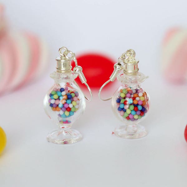 Candy Jar Earrings-gumball earrings-candy  Dangle Earrings-Glass Bottle Earrings-food Earrings-Miniature Food Jewelry-Bubble glass Earrings