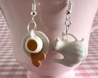 Tea Party Earrings- Tea Set Earrings- Teapot Earrings - Tea Party Jewelry - Miniature Food Earrings - Kawaii Jewelry -White Tea Set Jewelry