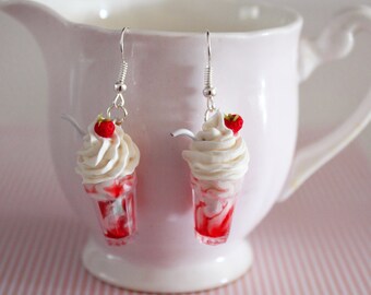 Milkshake Earrings-Strawberry Milkshake Jewelry-Summer Drink Jewelry-Drink Earrings-Miniature Food Jewelry-Sweet Lolita Jewelry-Gift for Her