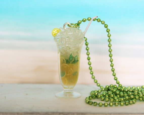 Cocktail Necklace- Mint lemon Drink Necklace-Miniature Food pendant-Mint Drink Necklace-Kawaii Necklace-Gift For Her - Barman Gift