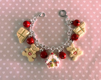 Christmas Charms Bracelet - Gingerbread Man Bracelet- Gingerbread House Bracelet - White Chocolate - Christmas Gift - Christmas Jewelry