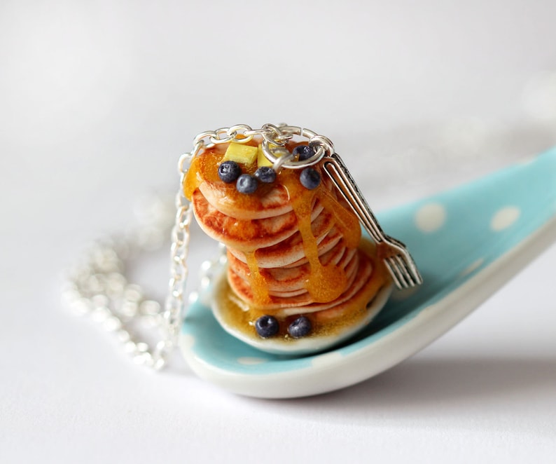 Blueberry Pancake Necklace Food Jewelry Miniature Food Pancake Stacking Necklace Food Necklace Pancake jewelry Breakfast jewelry image 2