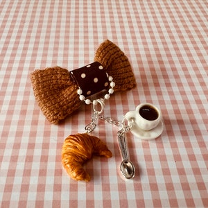 Tea Party Hair Pins - Miniature Food Hair Pins -Croissant & Coffee hair Pin-Sweet Lolita Accessories-Croissant Hair pin -Coffee Bow Hair pin