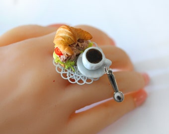 Croissant Ring - Coffee Ring - Cafe Croissant Ring - Sandwich Jewelry - French Breakfast Jewelry - Food Ring - Food Jewelry - Kawaii Ring