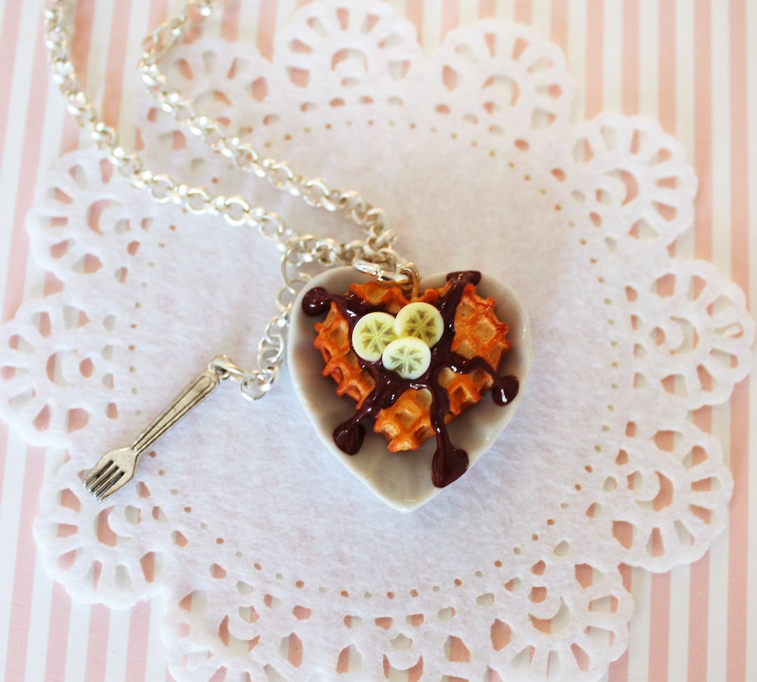 Waffle and Chocolate Sauce Necklace Heart Necklace Banana Pendant