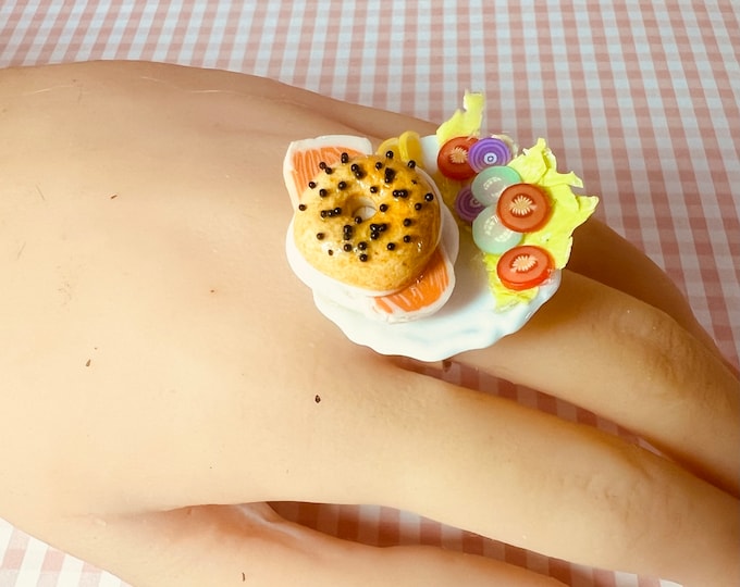 Bagel Sandwich Ring - Bagel and Lox Jewelry - Cream Cheese and Salmon Bagel Ring - Sandwich Ring - Kawaii Ring - Food Ring