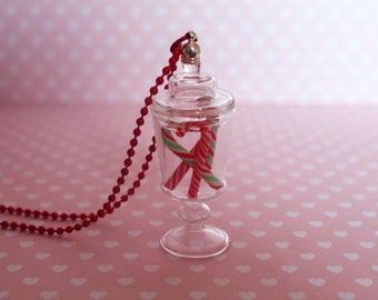 Candy Jar Necklace -Christmas Candy Bottle Necklace - Candy Cane Kawaii Necklace -Candy Cane Pendant -Clay Food - Miniature Food Jewelry -