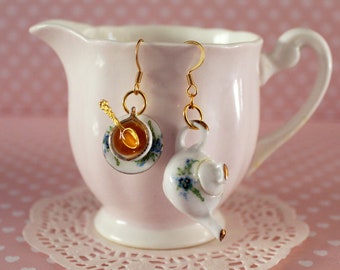 Tea Party Earrings- Tea Set Earrings- Teapot Earrings - Tea Party Jewelry - Miniature Food Earrings - Kawaii Jewelry - Blue Tea Set Jewelry