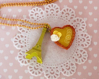 Lemon Pie Necklace - Lemon Pie Pendant - Kawaii Necklace - French Pastry Jewelry - Heart Shaped cake Pendant - Valentine Necklace -Love Gift