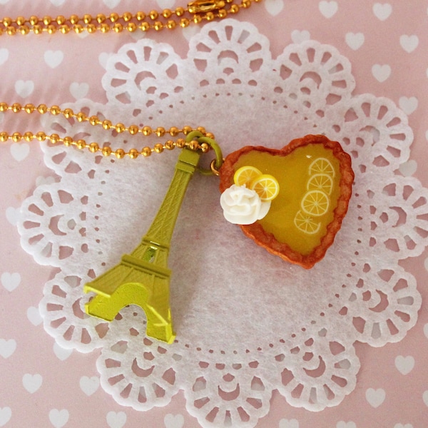 Collier tarte au citron - Pendentif tarte au citron - Collier Kawaii - Bijoux pâtisserie Français - Pendentif gâteau en forme de cœur - Collier Valentine -Cadeau d’amour