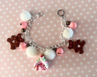 Christmas Charms Bracelet - Gingerbread Man Bracelet- Gingerbread House Bracelet - Pink Winter Jewelry - Christmas Gift - Christmas Jewelry