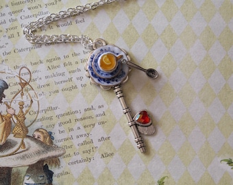 Alice in Wonderland necklace - Tea Party Pendant  -Drink Me Eat Me  Necklace - Fairy tale necklace -Kawaii Necklace-Key Necklace-Key Pendant