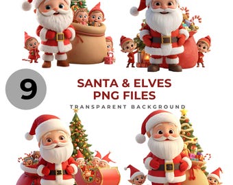 Papá Noel con elfos PNG / Imágenes prediseñadas navideñas / Descarga instantánea / PNG digital