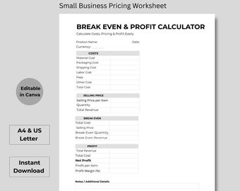 Plantilla de Canva para calcular el punto de equilibrio y fijar precios para pequeñas empresas (tamaño A4/Carta estadounidense).
