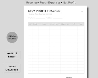 Hoja de seguimiento de ganancias de Etsy / Hoja de finanzas para pequeñas empresas (descarga digital) Tamaño A4 Carta de EE. UU.