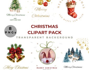 8 Holiday Greeting Card Set PNG | Merry Christmas Illustration Pack  |  Instant Download Holiday Clipart