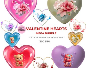 Valentine Hearts PNG Clipart Bundle, Floral & Teddy Bear Designs (Digital Download)