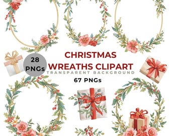 Christmas Clipart 67 PNG | Watercolor Winter Wreaths | Holiday Clipart Set | Digital Download