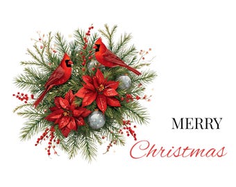 Christmas Card PNG - Red Cardinals Clipart, Poinsettia, Winter Floral Design For High Resolution Printing