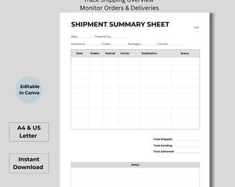 Registro de envíos para pequeñas empresas, rastreador de pedidos imprimible, hoja de resumen de envíos (descarga digital) EE. UU. A4