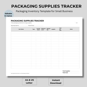 Verpackungen Verbrauchsmaterialien Tracker Canva Vorlage, Small Business Inventur (Digitaler Download)